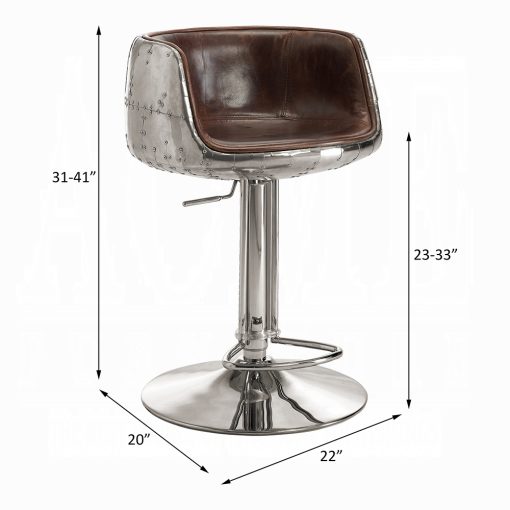 Acme Brancaster Vintage Brown Top Grain Leather & Aluminum Smooth Lines Adjustable Stool with Swivel - Image 9