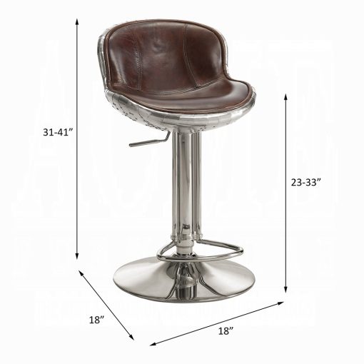 Acme Brancaster Vintage Brown Top Grain Leather & Aluminum Adjustable Stool with Swivel - Image 8