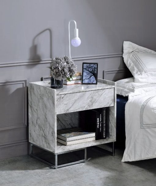 Acme Azrael White Printed Faux Marble & Chrome Accent Table