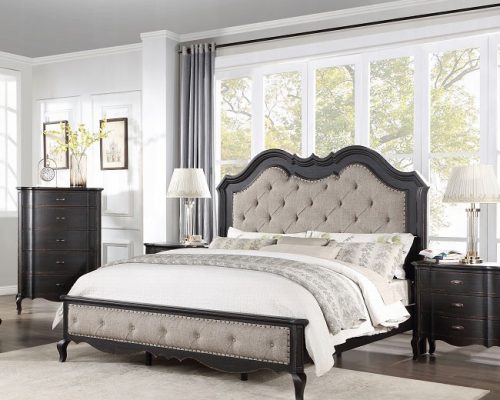 Acme Chelmsford Beige Fabric & Antique Black Bed