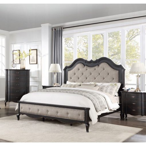 Acme Chelmsford Beige Fabric & Antique Black Bed