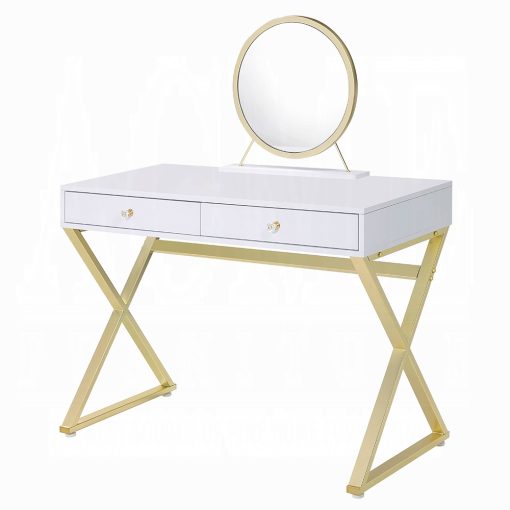Acme Coleen White & Gold Vanity Desk with Mirror & Jewelry Tray - Image 2