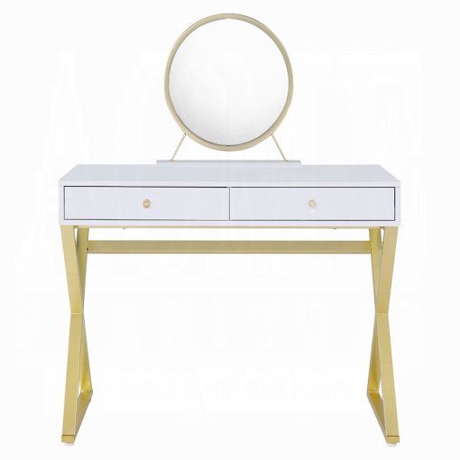Acme Coleen White & Gold Vanity Desk with Mirror & Jewelry Tray - Image 3