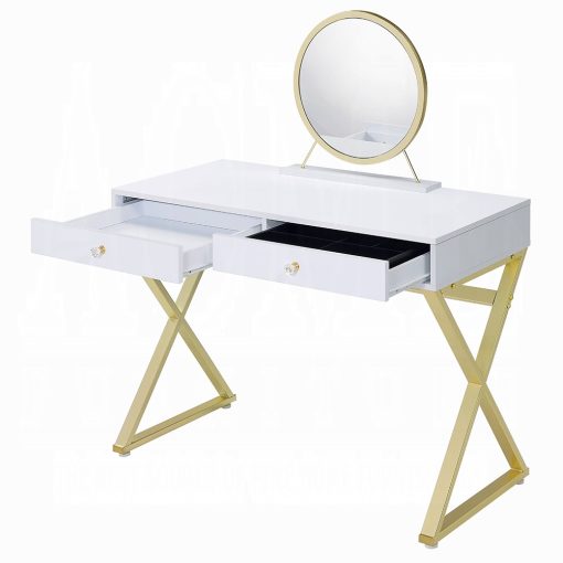 Acme Coleen White & Gold Vanity Desk with Mirror & Jewelry Tray - Image 4