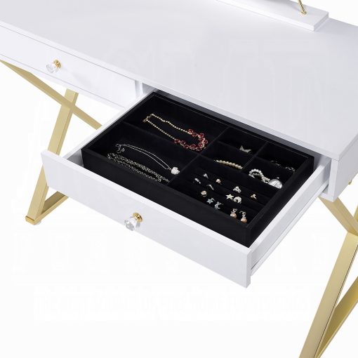 Acme Coleen White & Gold Vanity Desk with Mirror & Jewelry Tray - Image 5