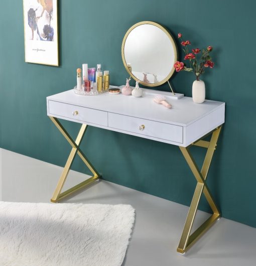 Acme Coleen White & Gold Vanity Desk with Mirror & Jewelry Tray