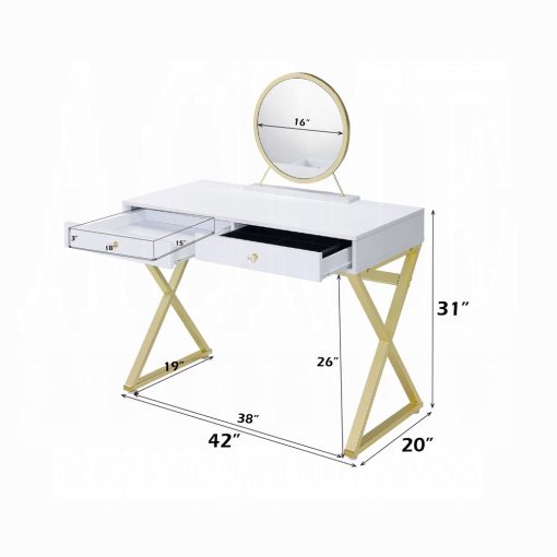 Acme Coleen White & Gold Vanity Desk with Mirror & Jewelry Tray - Image 7