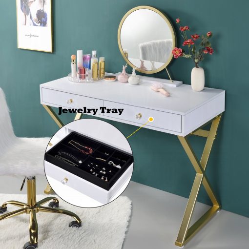 Acme Coleen White & Gold Vanity Desk with Mirror & Jewelry Tray - Image 8