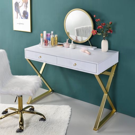 Acme Coleen White & Gold Vanity Desk with Mirror & Jewelry Tray - Image 6