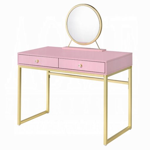 Acme Coleen Pink & Gold Vanity Desk with Mirror & Jewelry Tray - Image 2