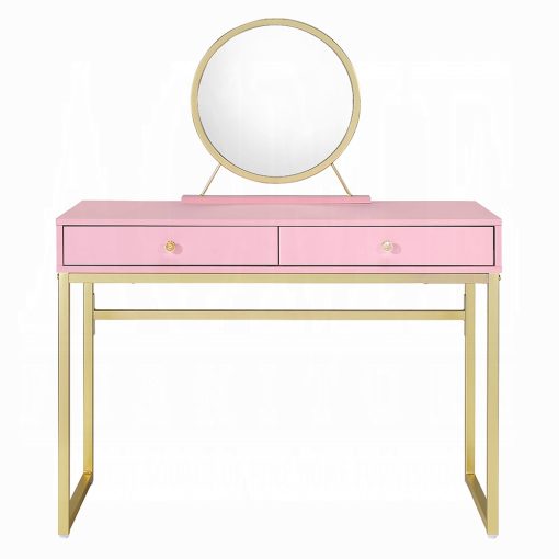 Acme Coleen Pink & Gold Vanity Desk with Mirror & Jewelry Tray - Image 3