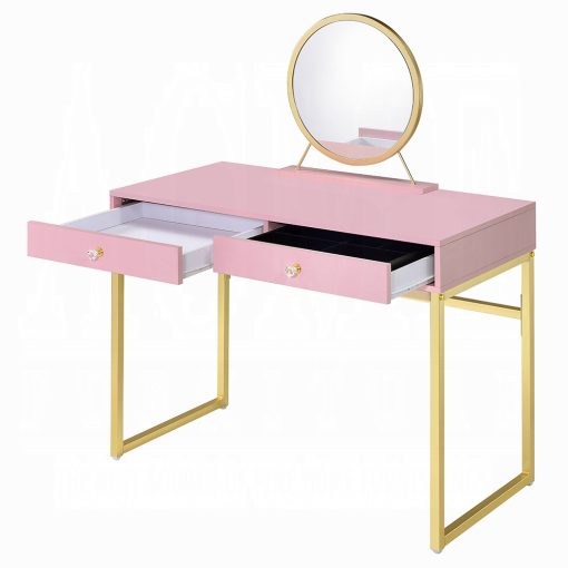 Acme Coleen Pink & Gold Vanity Desk with Mirror & Jewelry Tray - Image 4