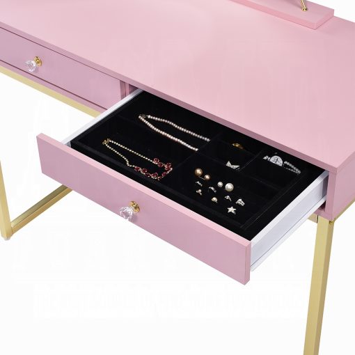 Acme Coleen Pink & Gold Vanity Desk with Mirror & Jewelry Tray - Image 5