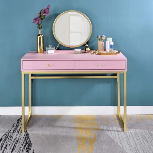 Acme Coleen Pink & Gold Vanity Desk with Mirror & Jewelry Tray