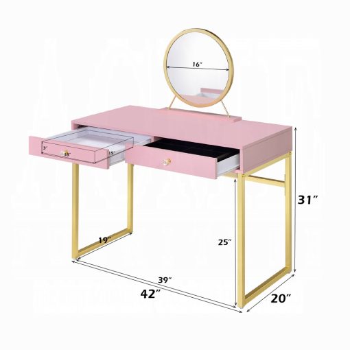 Acme Coleen Pink & Gold Vanity Desk with Mirror & Jewelry Tray - Image 7