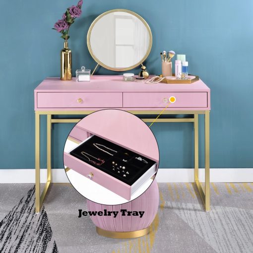 Acme Coleen Pink & Gold Vanity Desk with Mirror & Jewelry Tray - Image 8