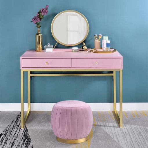 Acme Coleen Pink & Gold Vanity Desk with Mirror & Jewelry Tray - Image 6