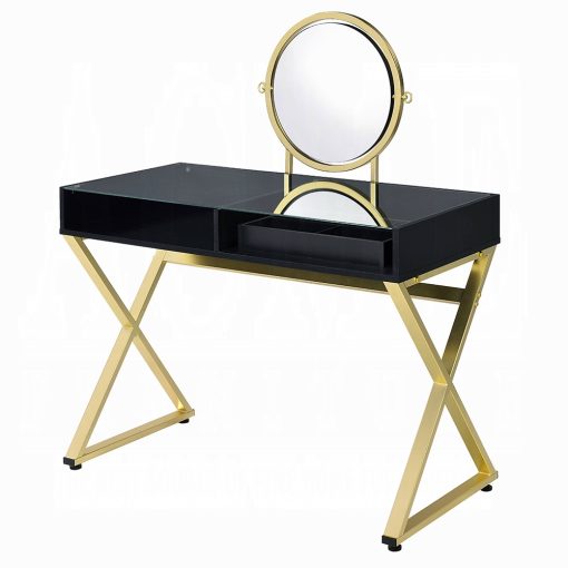 Acme Coleen Black & Gold Vanity Desk with Mirror & Jewelry Tray - Image 2