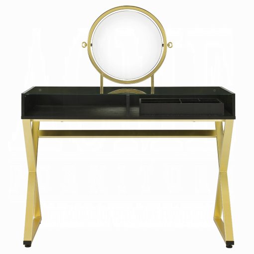 Acme Coleen Black & Gold Vanity Desk with Mirror & Jewelry Tray - Image 3