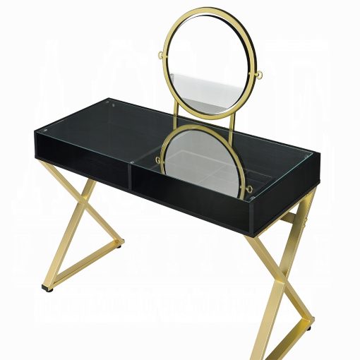Acme Coleen Black & Gold Vanity Desk with Mirror & Jewelry Tray - Image 4