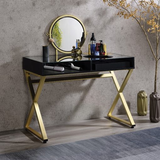 Acme Coleen Black & Gold Vanity Desk with Mirror & Jewelry Tray