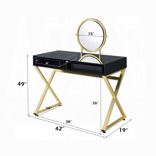 Acme Coleen Black & Gold Vanity Desk with Mirror & Jewelry Tray - Image 6