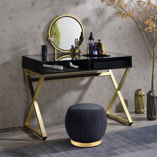 Acme Coleen Black & Gold Vanity Desk with Mirror & Jewelry Tray - Image 5