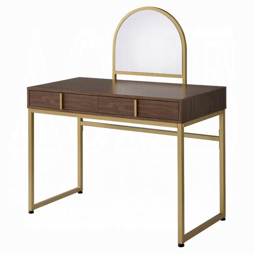 Acme Coleen Walnut Gold Vanity Desk with Mirror & Jewelry Tray - Image 2