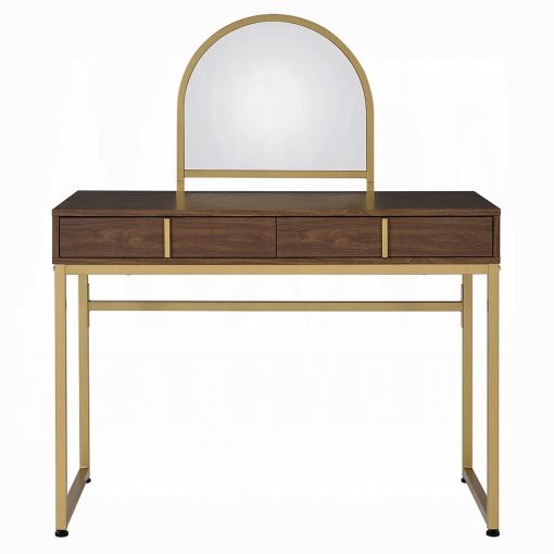 Acme Coleen Walnut Gold Vanity Desk with Mirror & Jewelry Tray - Image 3
