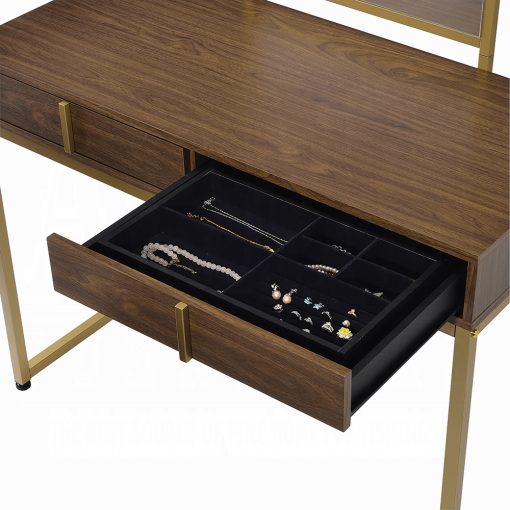 Acme Coleen Walnut Gold Vanity Desk with Mirror & Jewelry Tray - Image 4