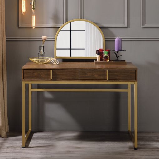 Acme Coleen Walnut Gold Vanity Desk with Mirror & Jewelry Tray