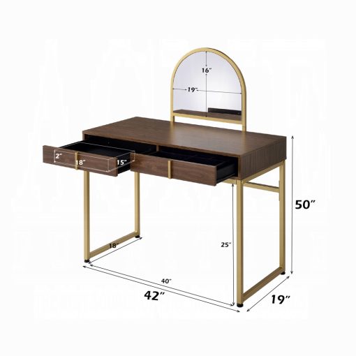 Acme Coleen Walnut Gold Vanity Desk with Mirror & Jewelry Tray - Image 6