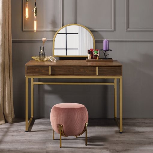 Acme Coleen Walnut Gold Vanity Desk with Mirror & Jewelry Tray - Image 5