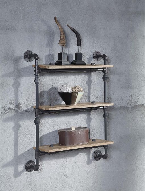 Acme Brantley Oak & Sandy Black Wall Rack with 3 Shelves