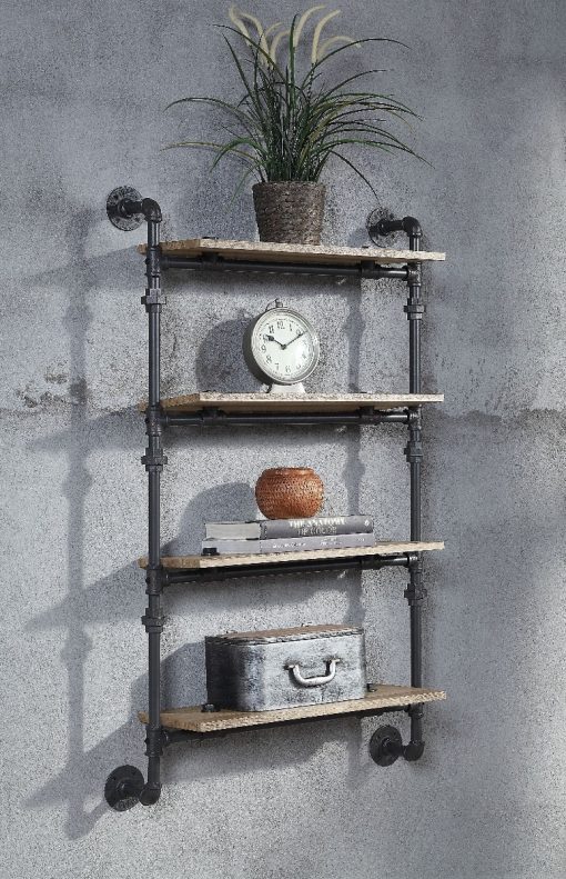 Acme Brantley Oak & Sandy Black Wall Rack with 4 Shelves
