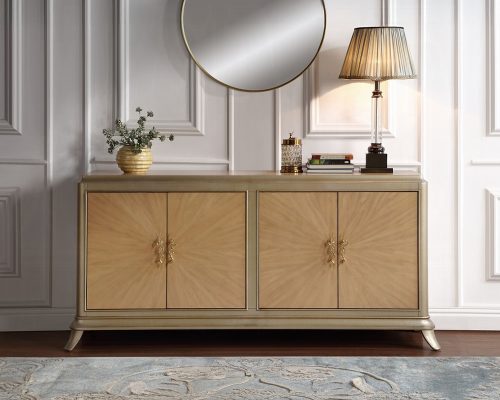 Acme Dodie Natural Oak Sunburst Pattern & Taupe Champaign Console Cabinet
