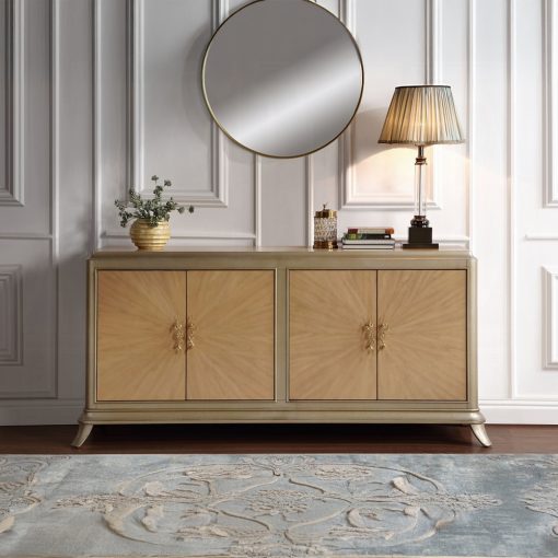 Acme Dodie Natural Oak Sunburst Pattern & Taupe Champaign Console Cabinet