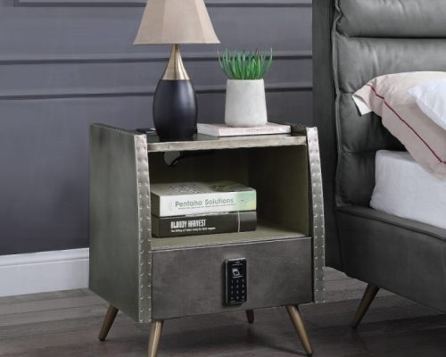 Acme Doris Gray Top Grain Leather & Aluminum Nightstand with USB & Electric Lock