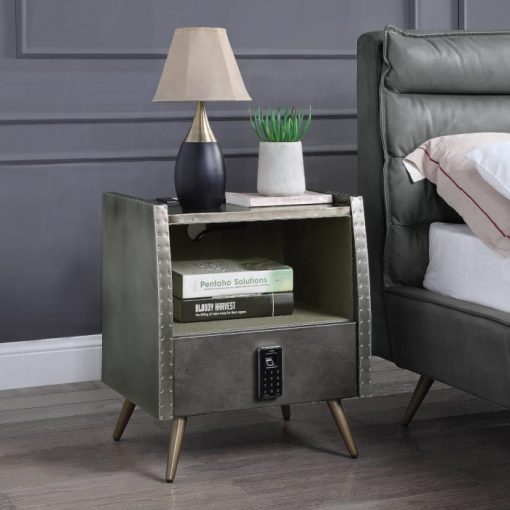 Acme Doris Gray Top Grain Leather & Aluminum Nightstand with USB & Electric Lock