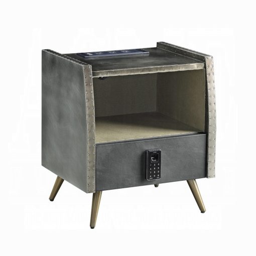 Acme Doris Gray Top Grain Leather Nightstand with USB & Electric Lock - Image 2