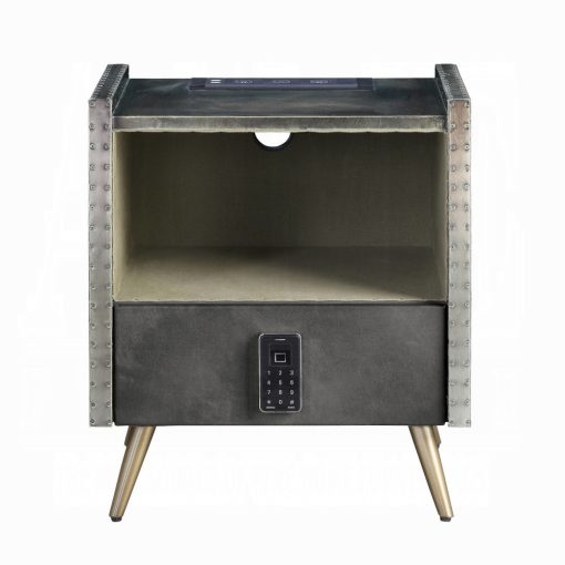 Acme Doris Gray Top Grain Leather Nightstand with USB & Electric Lock - Image 3