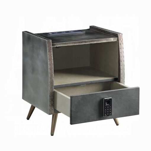 Acme Doris Gray Top Grain Leather Nightstand with USB & Electric Lock - Image 5