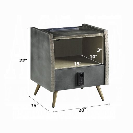 Acme Doris Gray Top Grain Leather Nightstand with USB & Electric Lock - Image 8