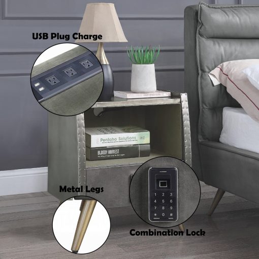 Acme Doris Gray Top Grain Leather Nightstand with USB & Electric Lock