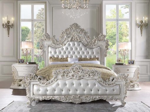 Acme Adara Pearl White Synthetic Leather & Antique White EK Bed