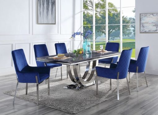 Acme Cambrie Engineering Stone Top & Mirrored Silver Dining Table with Engineering Stone Top