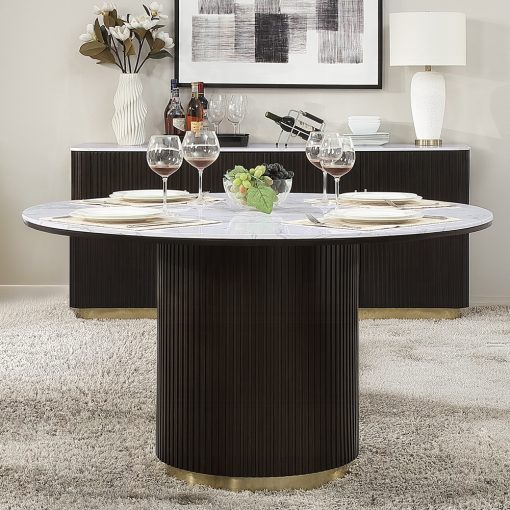 Acme Clayten White Natural Marble Top & Espreeso Round Dining Table with Marble