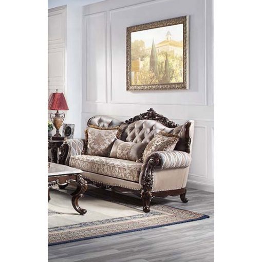 Acme Benbek Fabric & Antique Oak Loveseat with 3 Pillows