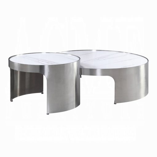 Acme Abilene Nesting Marble Top & Brush Silver Coffee Table Set - Image 2