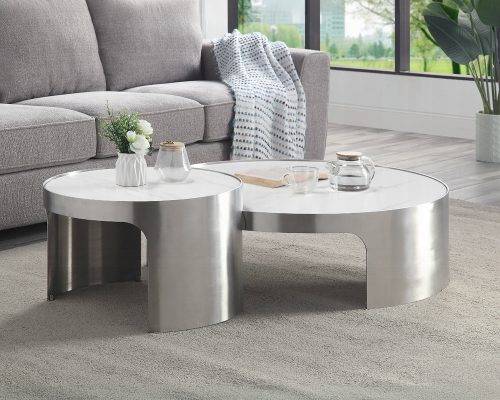 Acme Abilene Nesting Marble Top & Brush Silver Coffee Table Set
